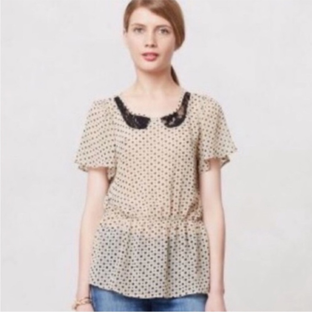 Anthropologie B. Vintage | Women’s Cream/Black Polka Dot Peplum Blouse Size XS